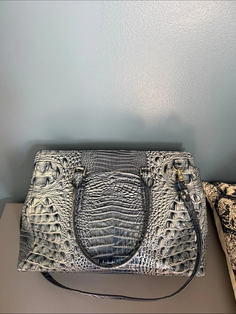Brahmin Black Croc-Embossed Satchel with Gold Hardware